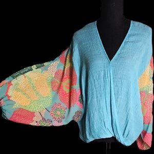 Umgee Faux Wrap Colorful Drop Sleeve Blouse Oversized Small